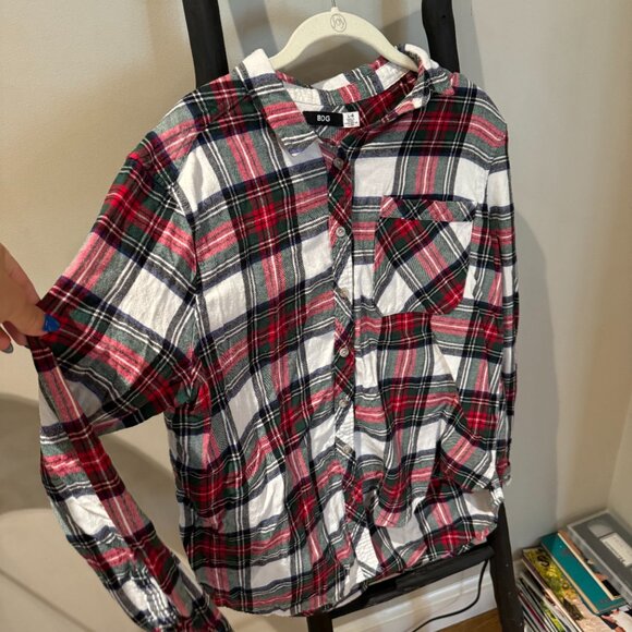 BDG Red, Green, White, and Black Flannel Button Down Long Sleeve Top - Picture 2 of 4
